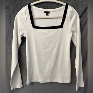 Ann Taylor White Long Sleeve Ribbed Top with Black Trim